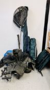 COLLECTION OF FISHING ACCESSORIES TO INCLUDE BARROW, NETS, RODS, SHAKESPEAR JACKET,