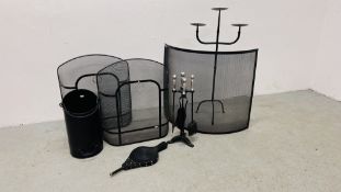 A GROUP OF METAL FIRE SIDE TOOLS AND FIRE GUARDS INCLUDING COAL SCUTTLE, IRONS ETC.