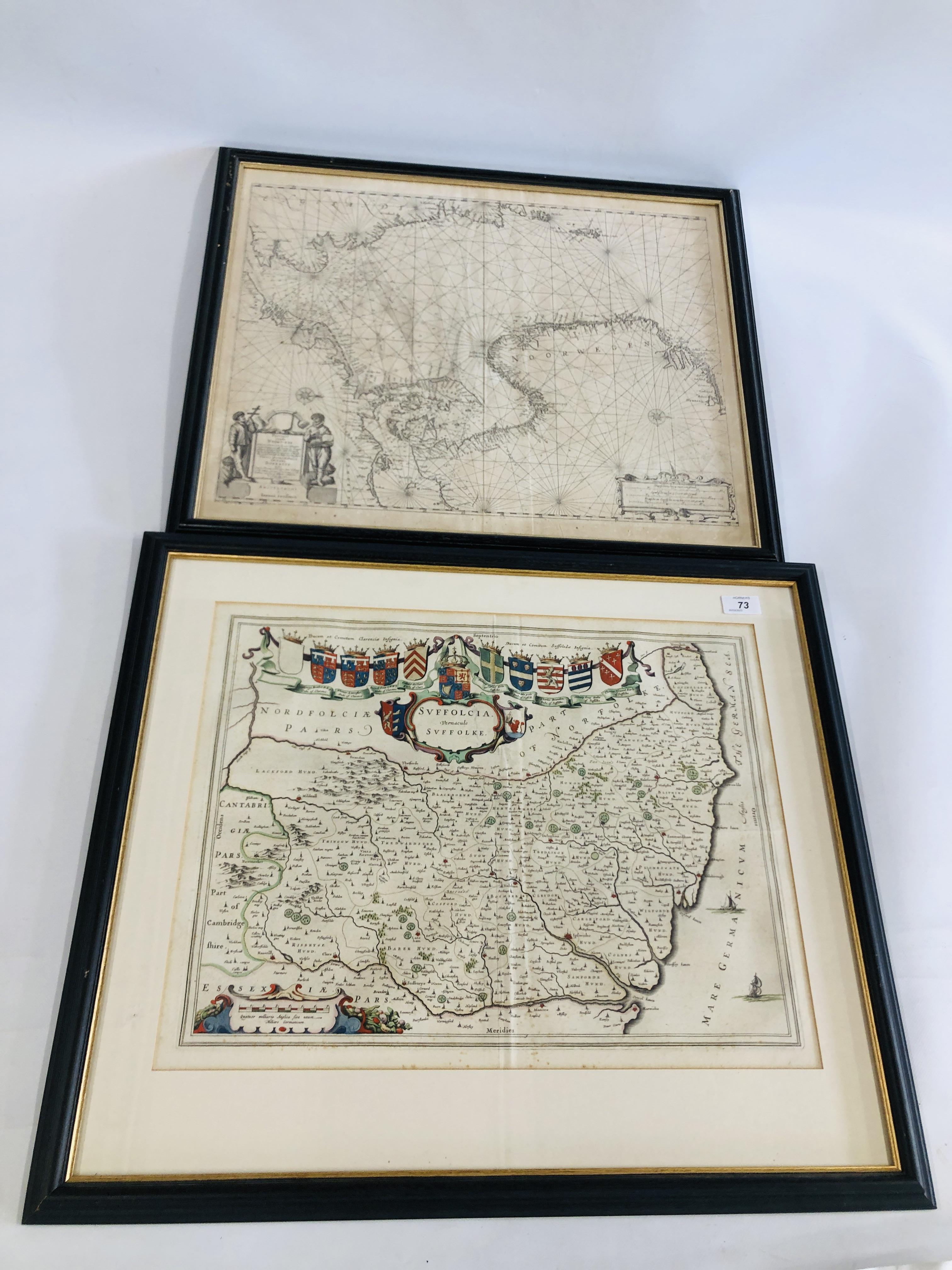 A VINTAGE FRAMED MAP OF SUFFOLK ALONG WITH A FURTHER ENGRAVED EXAMPLE.