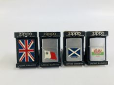 A GROUP OF 4 ZIPPO LIGHTERS TO INCLUDE UNITED KINGDOM, SCOTLAND, WALES ETC. IN ORIGINAL CASES.