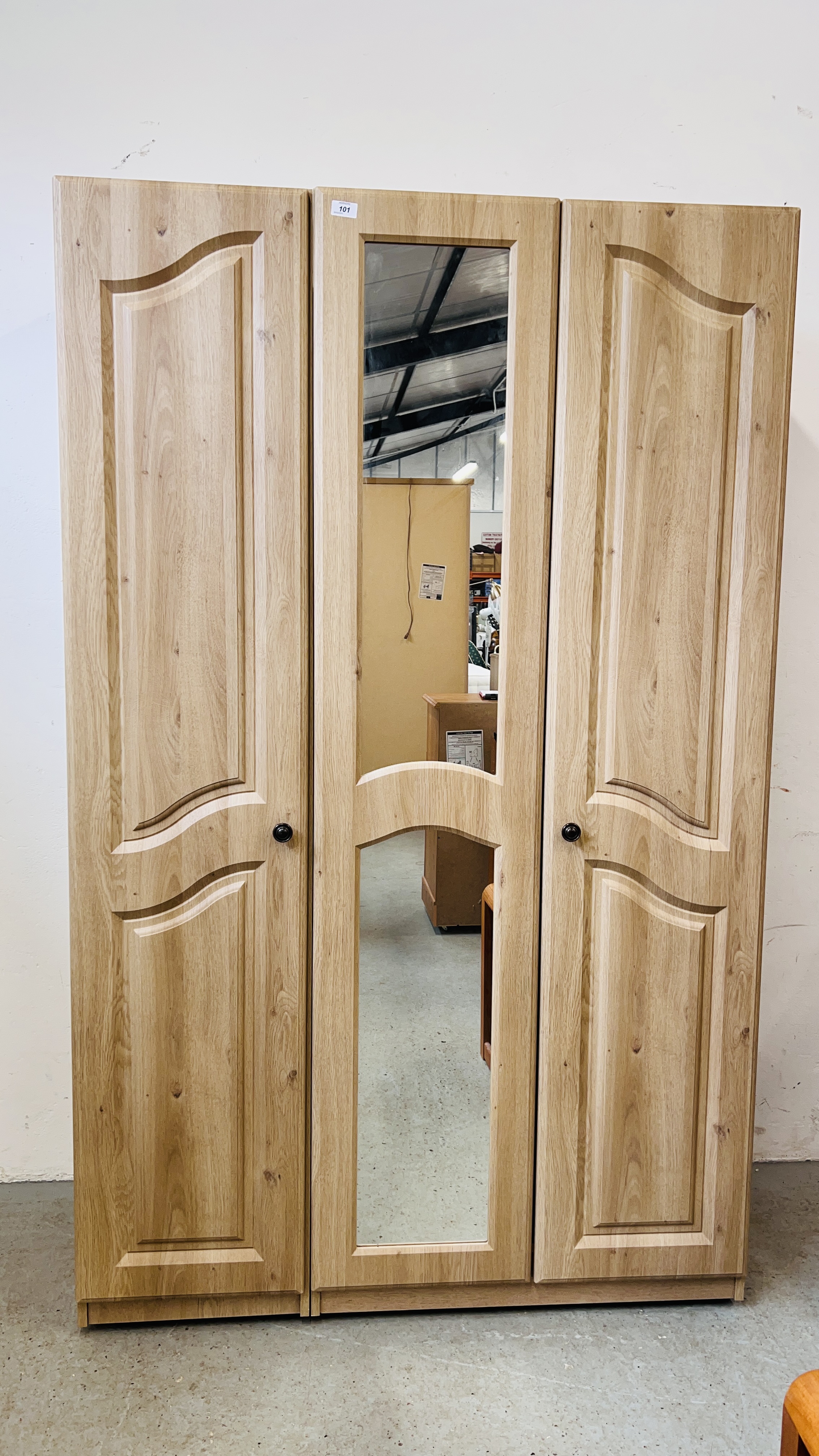 A MODERN LIGHT OAK FINISH TRIPLE WARDROBE WITH CENTRAL MIRRORED DOOR (TWO SECTION), W 115CM, D 52CM, - Image 2 of 8