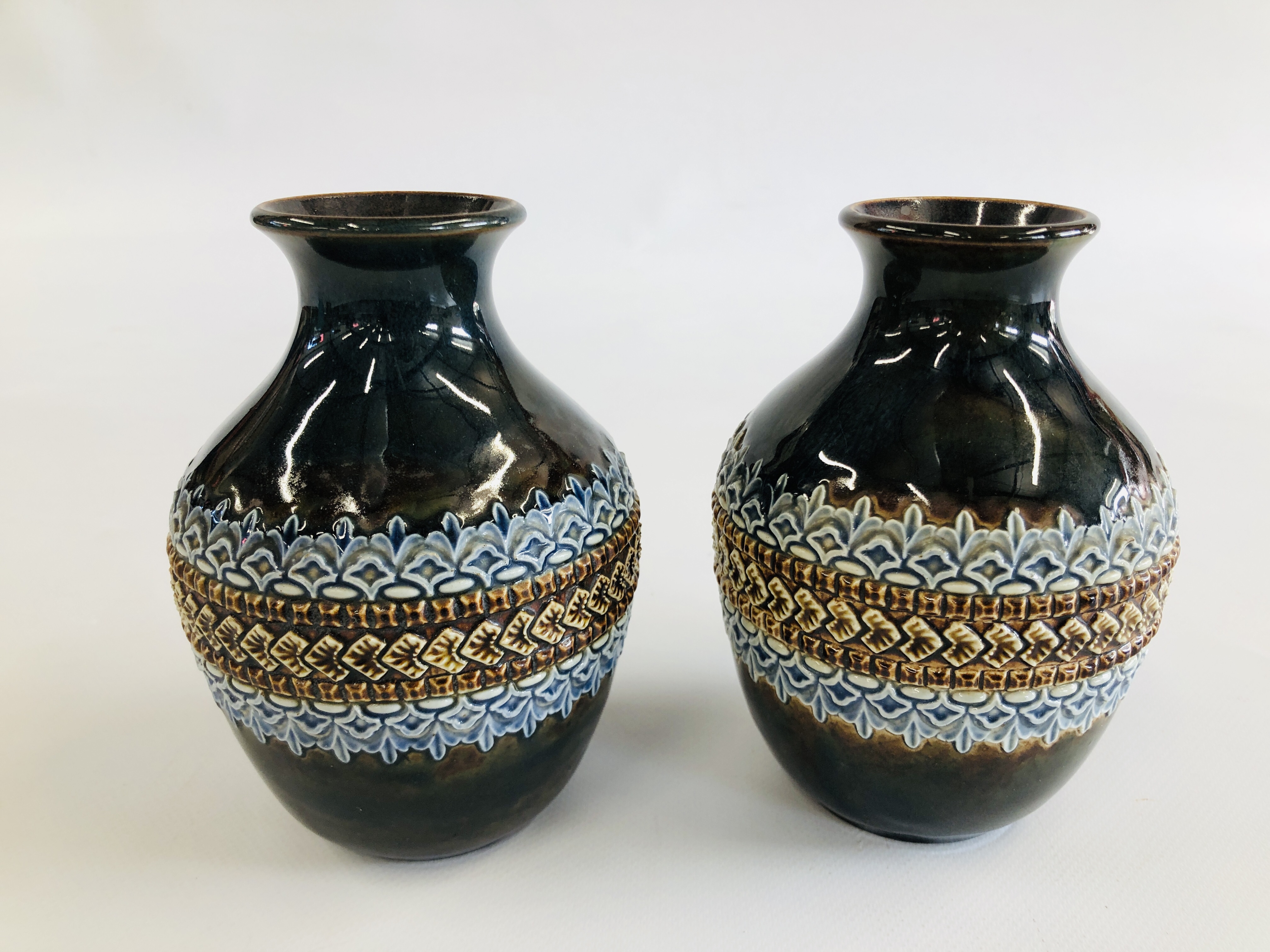 A PAIR OF DOULTON LAMBETH STONEWARE VASES - HEIGHT 15CM. - Image 3 of 4