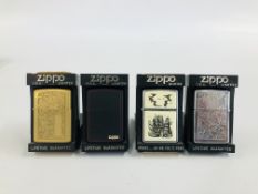 A GROUP OF FOUR ZIPPO LIGHTERS IN ORIGINAL CASES.