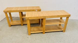 A PAIR OF BAMBOO WOOD BENCHES WITH STORAGE BELOW - LENGTH 88CM.