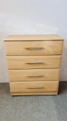 A MODERN BEECH WOOD FINISH FOUR DRAWER BEDROOM CHEST - W 77CM. D 41CM. H 94CM.