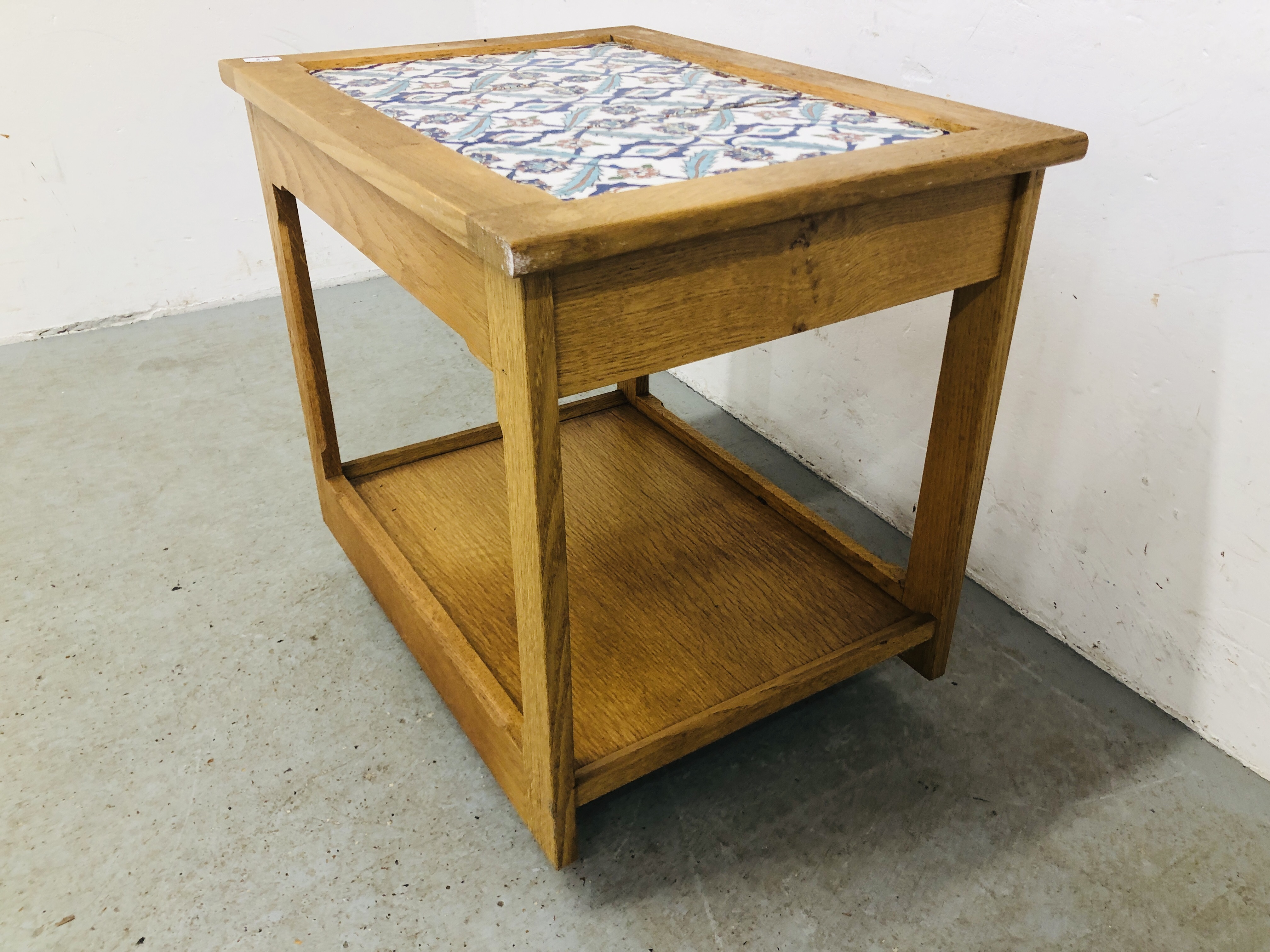 AN OAK TWO TIER TROLLEY THE TOP INSET WITH CERAMIC TILES, DRAWER TO END LENGTH 74CM. WIDTH 54CM. - Image 3 of 6