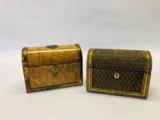 AN ANTIQUE WALNUT AND BRASS BOUND DOMED STATIONERY BOX,