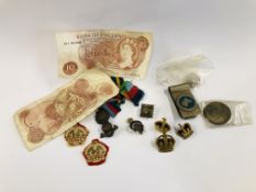 COLLECTION OF MILITARY BADGES AND RIBBONS, BANK NOTES ETC.