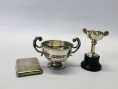 A TWO HANDLED SILVER TROPHY CUP, SHEFFIELD ASSAY, ALONG WITH A SILVER TENNIS TROPHY CUP,