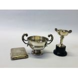 A TWO HANDLED SILVER TROPHY CUP, SHEFFIELD ASSAY, ALONG WITH A SILVER TENNIS TROPHY CUP,