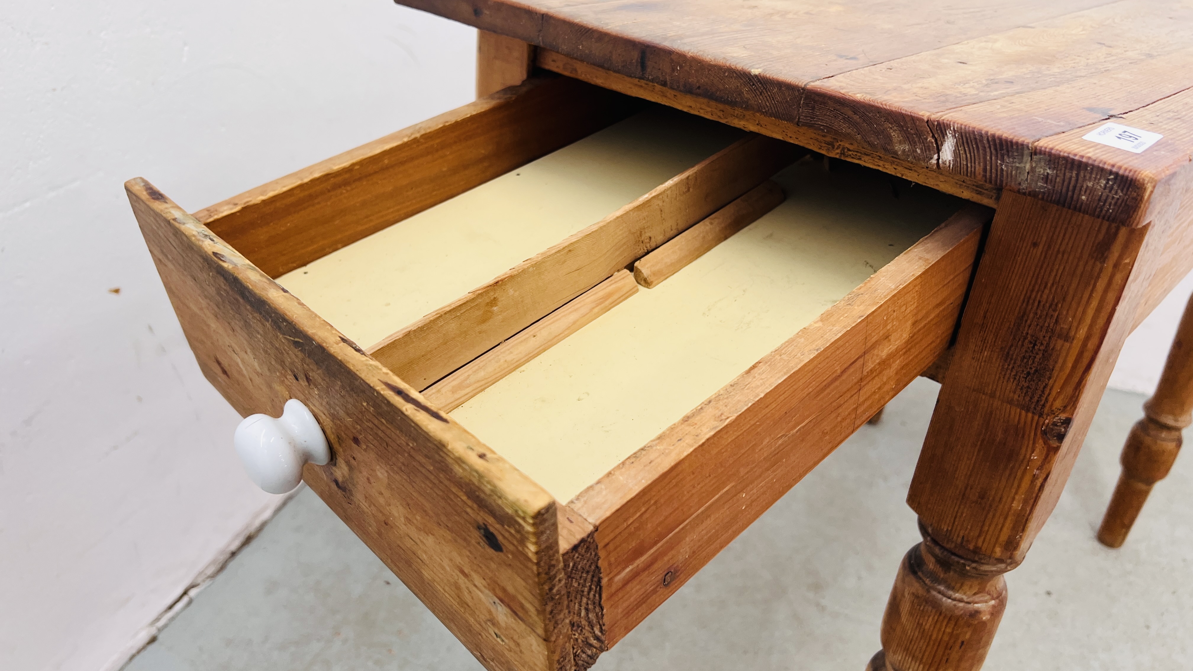 ANTIQUE WAXED PINE KITCHEN TABLE WITH DRAWER TO END, W 92CM, D 45CM. - Image 7 of 8