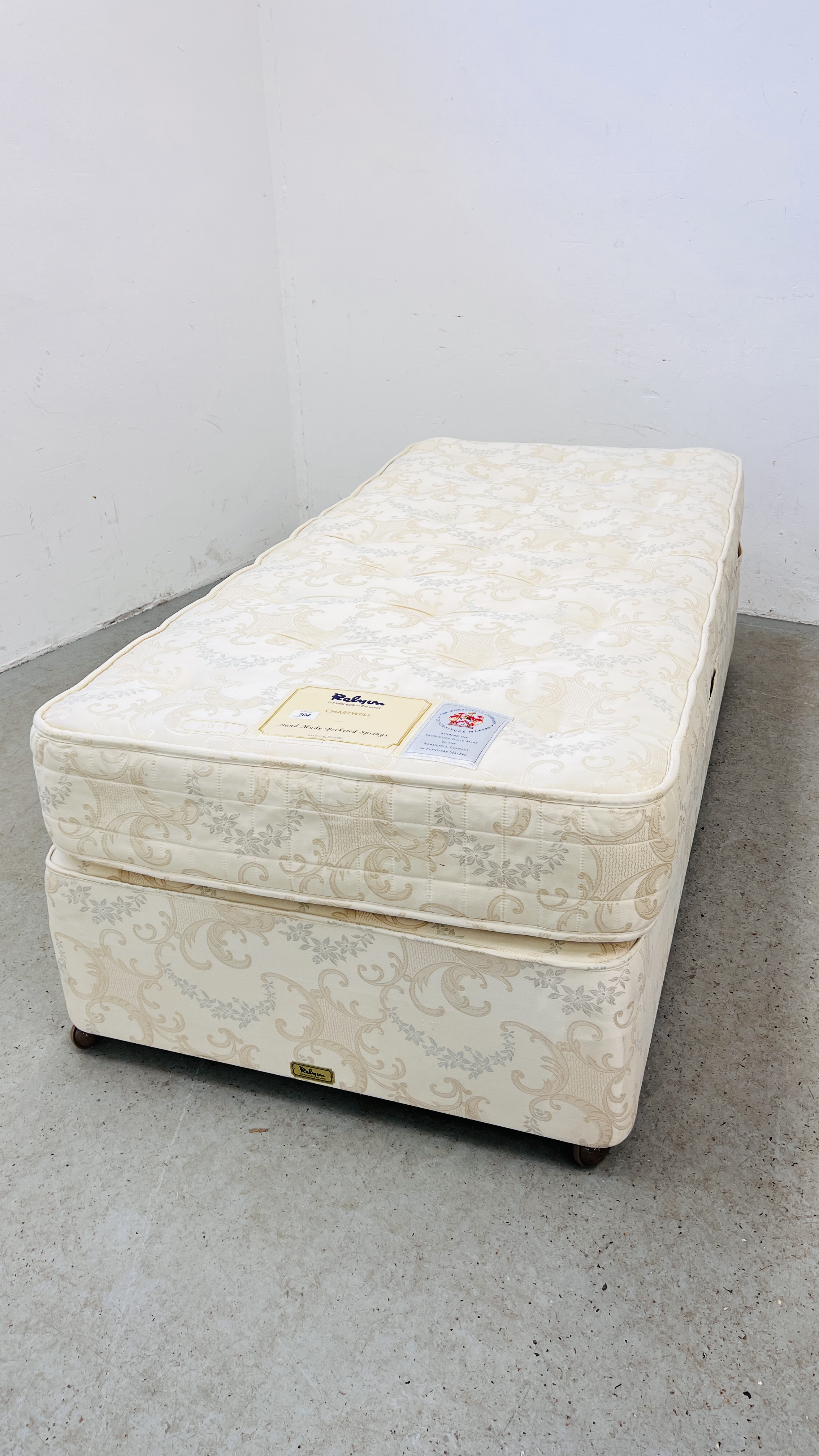 RELYON SINGLE DIVAN BED WITH CHARTWELL HAND MADE POCKET SPRUNG MATTRESS.