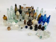AN EXTENSIVE COLLECTION OF VINTAGE COLLECTORS BOTTLES AND JARS TO INCLUDE CODS, ADVERTISING,