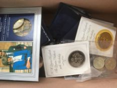 BOX OF MIXED COINS, COMMEMORATIVES IN WESTMINSTER POCHETTES, CROWNS, GB 1996 PROOF SET ETC.