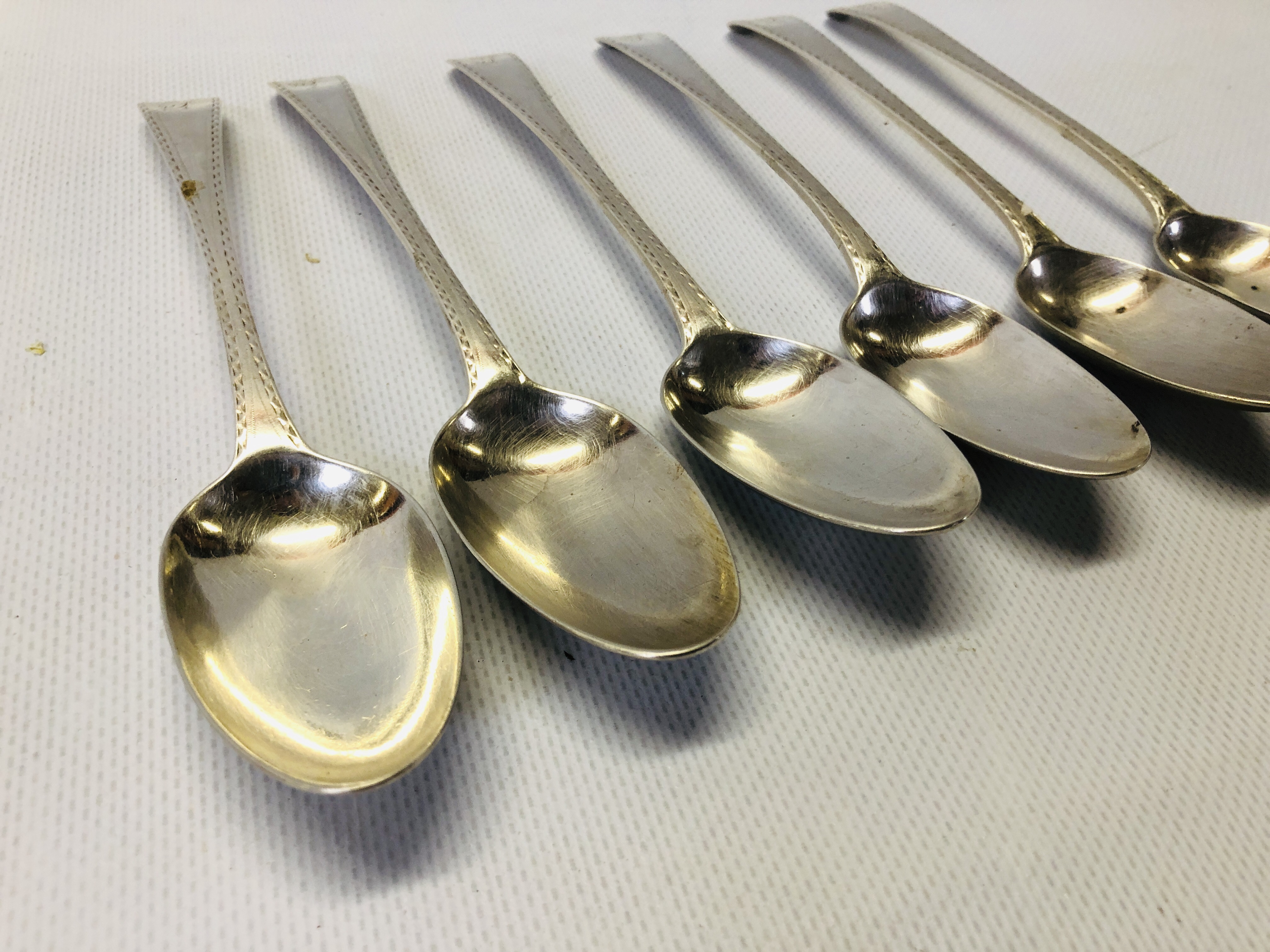 A SET OF 6 BRIGHT-CUT SILVER DESSERT SPOONS, WILLIAM SUMNER, - Image 5 of 9