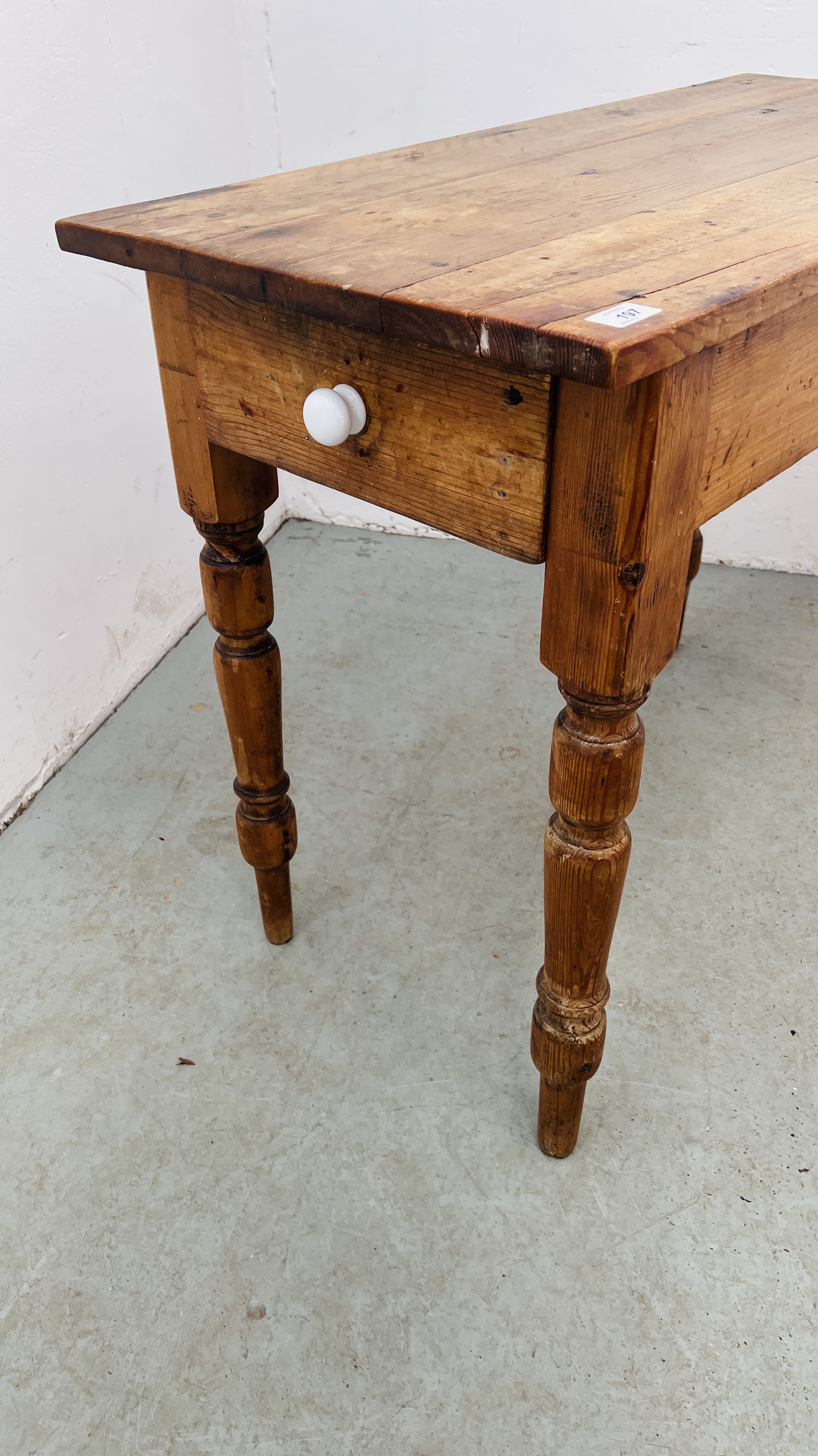 ANTIQUE WAXED PINE KITCHEN TABLE WITH DRAWER TO END, W 92CM, D 45CM. - Image 5 of 8