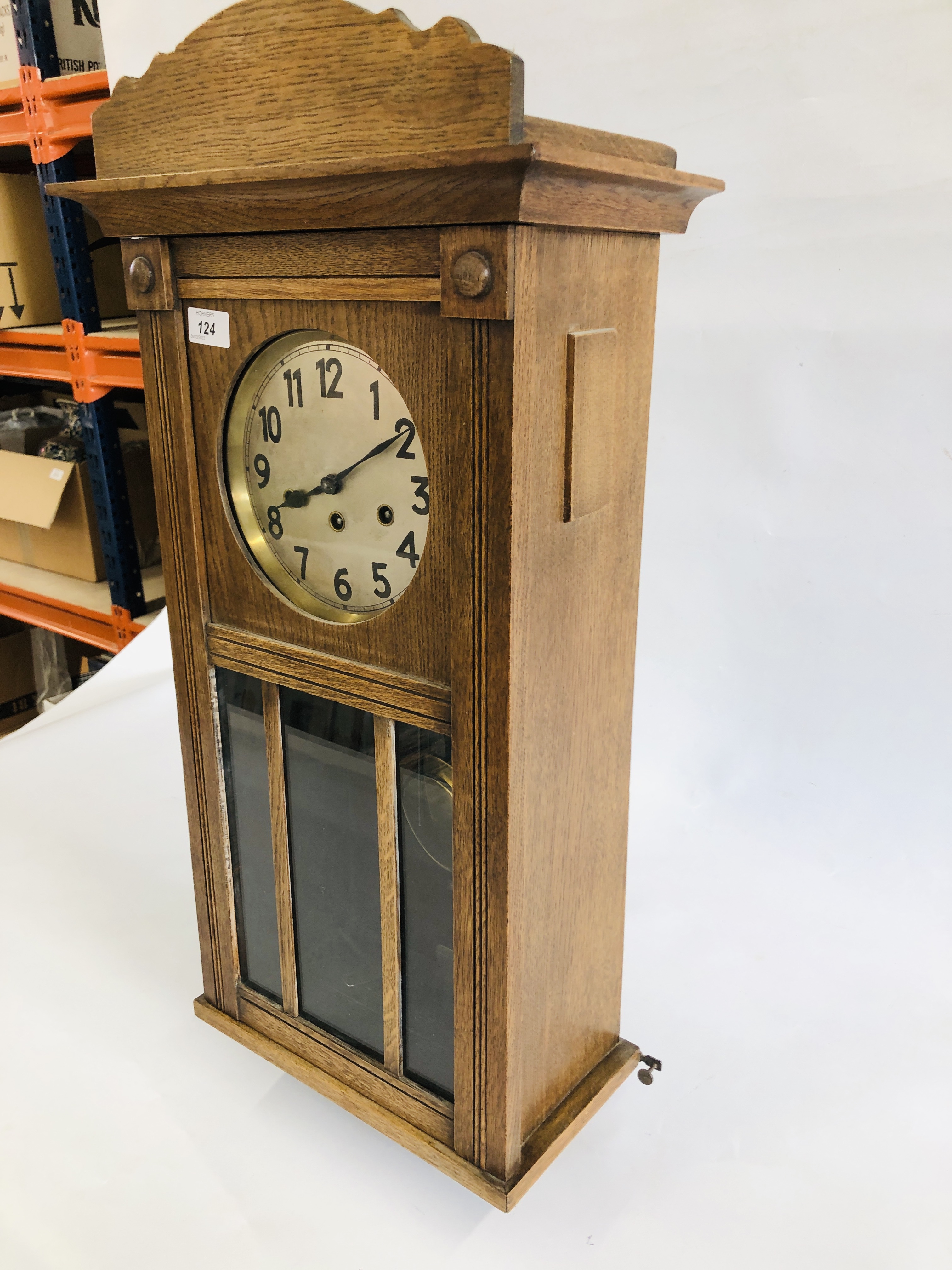 AN OAK CASED REGULATOR STYLE WALL CLOCK WESTMINSTER CHIMING - Image 6 of 7