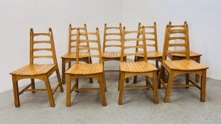 A SET OF EIGHT MID CENTURY LADDER BACK DINING CHAIRS WITH SLATTED SEATS