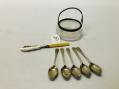 A GLASS BOWL WITH SILVER MOUNT AND HANDLE, ALONG WITH A BUTTER KNIFE, THE BLADE BIRMINGHAM ASSAY,
