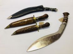 A NAPALESE GHURKA KUKRI KNIFE AND INDIAN KUKRI KNIFE IN LEATHER SCABBARD AND TWO DECORATIVE INDIAN