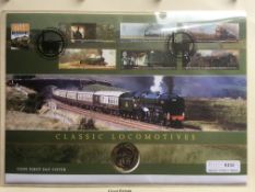2004 STEAM BICENTENARY £2 COIN COVER, A FEW RAILWAY THEMED STAMPS, MODERN £5 CROWNS (8), ETC.