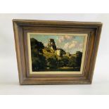A FRAMED AND MOUNTED OIL ON BOARD "CORFE CASTLE" SIGNED CHARLES H.H. BURLEIGH. 24.5 CM X 33.5 CM.