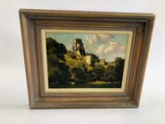 A FRAMED AND MOUNTED OIL ON BOARD "CORFE CASTLE" SIGNED CHARLES H.H. BURLEIGH. 24.5 CM X 33.5 CM.