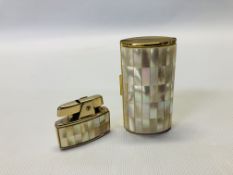 A RONSON LIGHTER AND MATCHING MATCHBOX STRIKER / TOBACCO CASE BOTH FINISHED WITH MOTHER OF PEARL