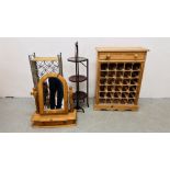 A PINE 30 SPACE WINE RACK WITH SINGLE DRAWER TO TOP ALONG WITH MAHOGANY THREE TIER FOLDING CAKE