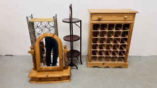 A PINE 30 SPACE WINE RACK WITH SINGLE DRAWER TO TOP ALONG WITH MAHOGANY THREE TIER FOLDING CAKE