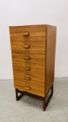 A TEAK 6 DRAWER TOWER CHEST - W 52CM, D 46CM, H 116CM.