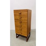 A TEAK 6 DRAWER TOWER CHEST - W 52CM, D 46CM, H 116CM.