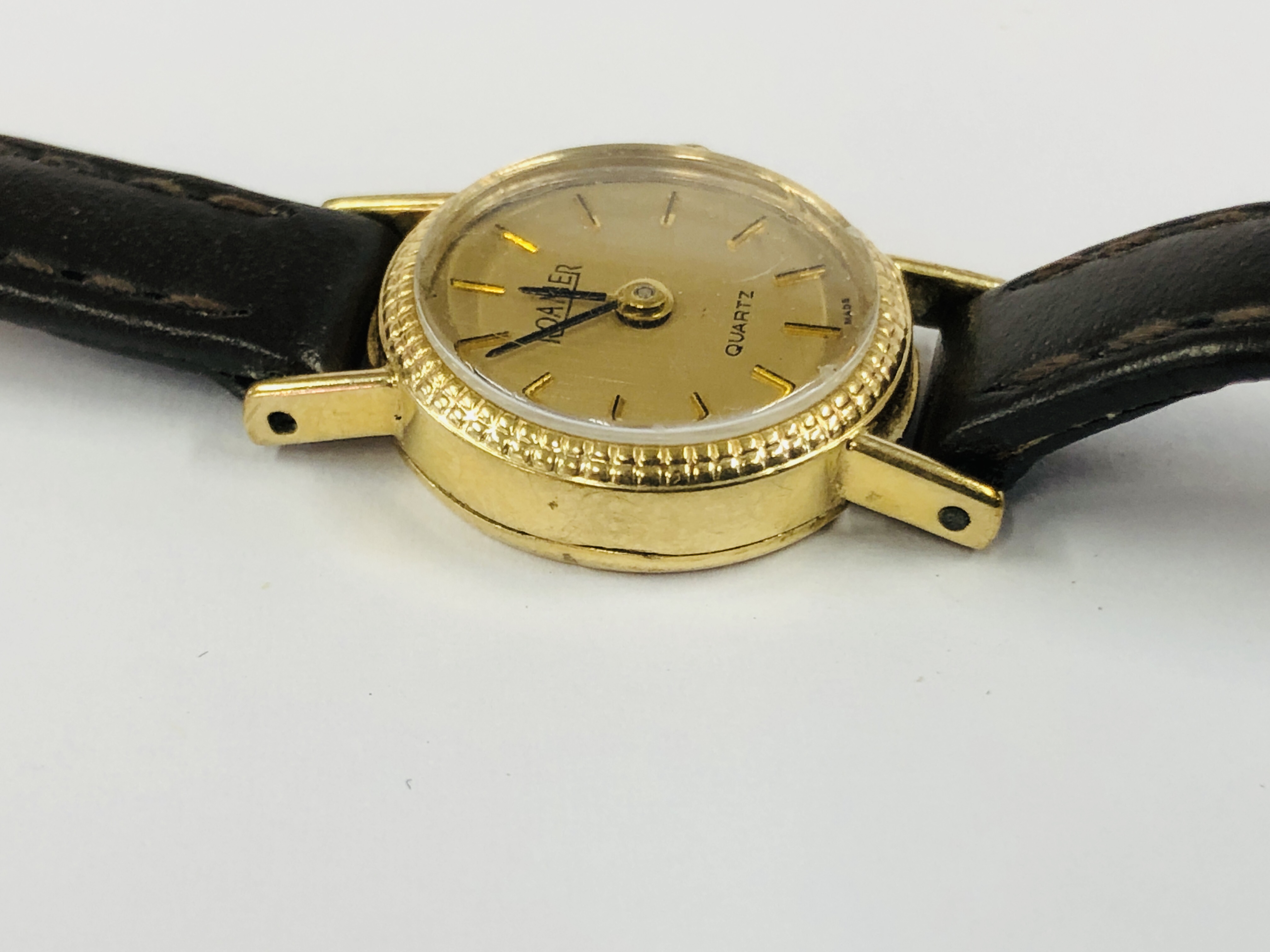 LADIES ROAMER 9CT GOLD CASED WRIST WATCH ON A BROWN LEATHER STRAP. - Image 7 of 12