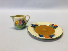 CLARICE CLIFF BIZARRE CROCUS PATTERN SIDE PLATE ALONG WITH A SIMILAR JUG.