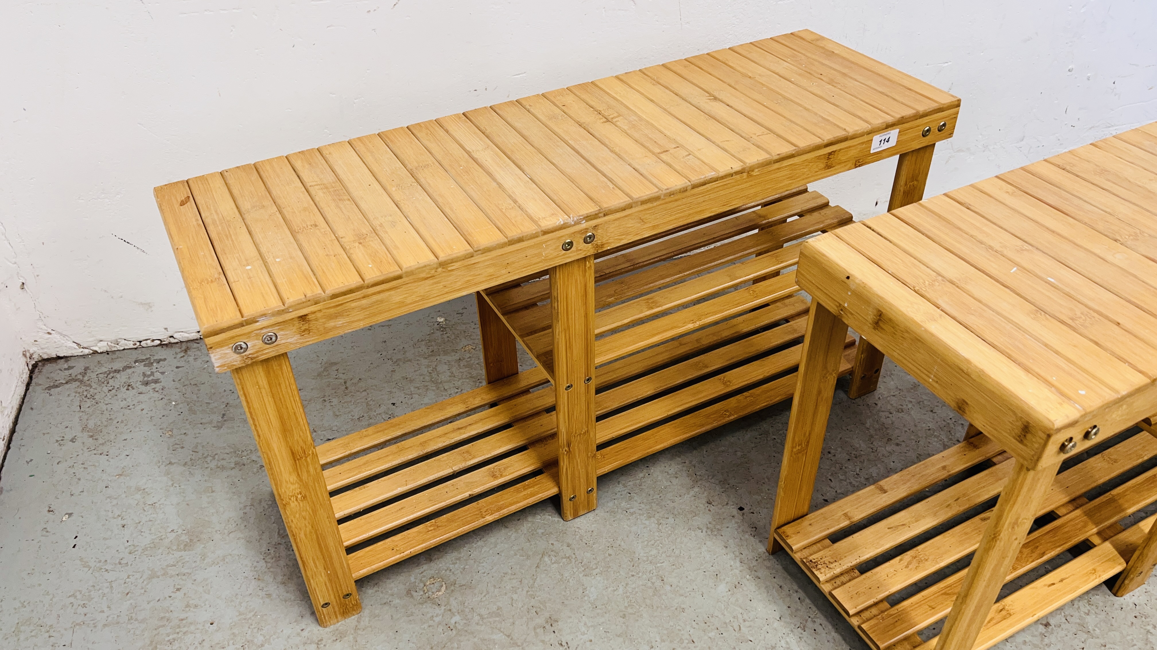 A PAIR OF BAMBOO WOOD BENCHES WITH STORAGE BELOW - LENGTH 88CM. - Image 5 of 5