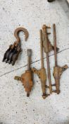 3 X CANADIAN ANTIQUE JACKS, 1 OTHER AND 1 VINTAGE PULLEY.