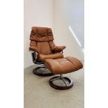 A STRESSLESS BROWN LEATHER RELAXER CHAIR ON CHROME SUPPORTS WITH MATCHING FOOT STOOL.