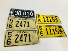A GROUP OF FIVE VINTAGE AMERICAN ENAMELLED MOTOR VEHICLE LICENSE PLATES