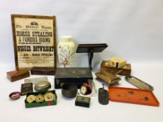 BOX OF ASSORTED COLLECTIBLES TO INCLUDE A VINTAGE MAHOGANY WALL BRACKET, WALNUT BOXES,