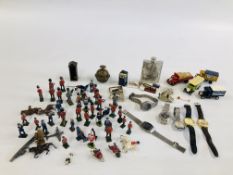 A GROUP OF VARIOUS MODEL SOLDIERS INCLUDING LEAD, MODEL VEHICLES, LOCOMOTIVE HIP FLASK,