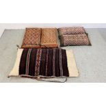 TWO PAIRS OF MIDDLE EASTERN HANDCRAFTS CUSHIONS ALONG WITH A FURTHER LARGER FLAT WEAVE EXAMPLE