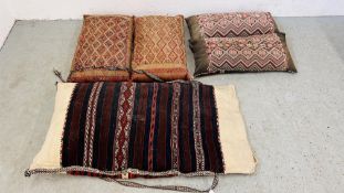 TWO PAIRS OF MIDDLE EASTERN HANDCRAFTS CUSHIONS ALONG WITH A FURTHER LARGER FLAT WEAVE EXAMPLE