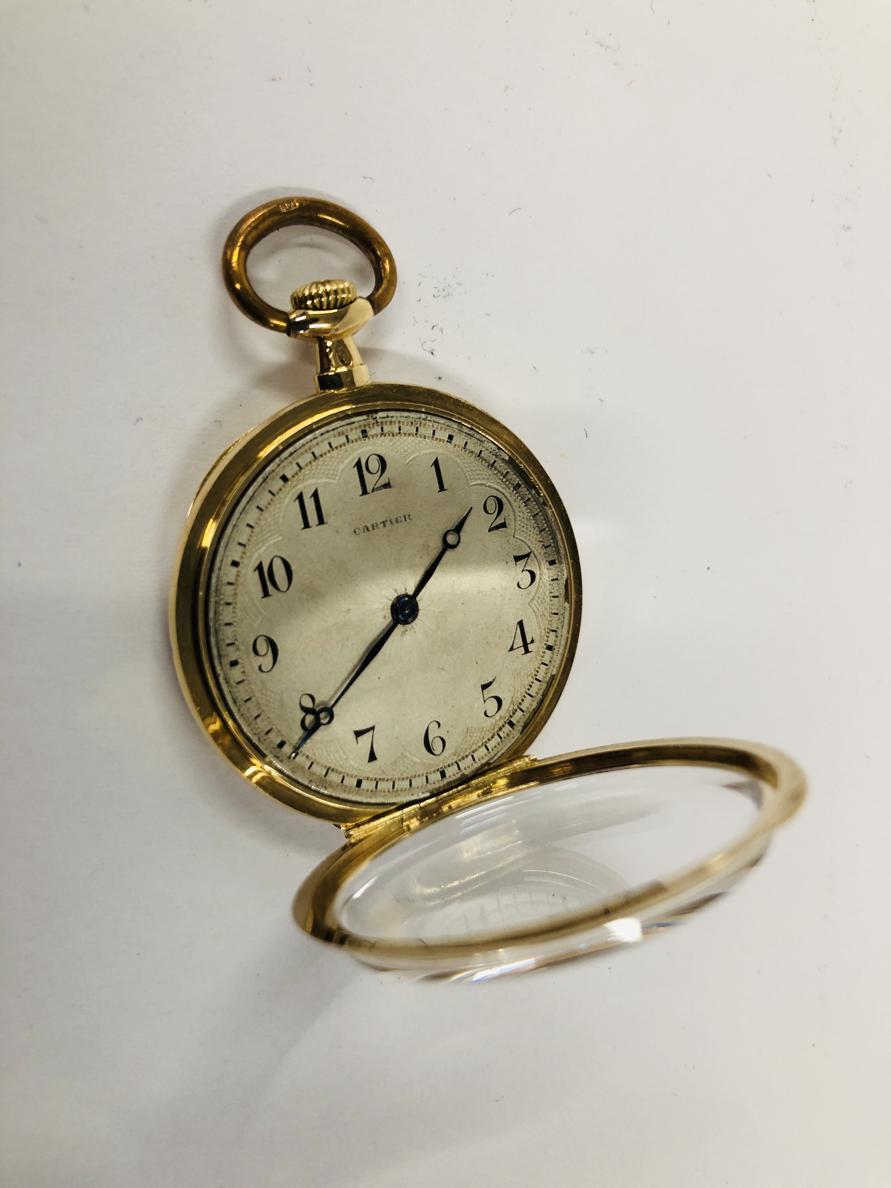 A VINTAGE 1930'S "CARTIER" 18K GOLD CASED POCKET WATCH, ENAMELLED DIAL. - Image 8 of 10