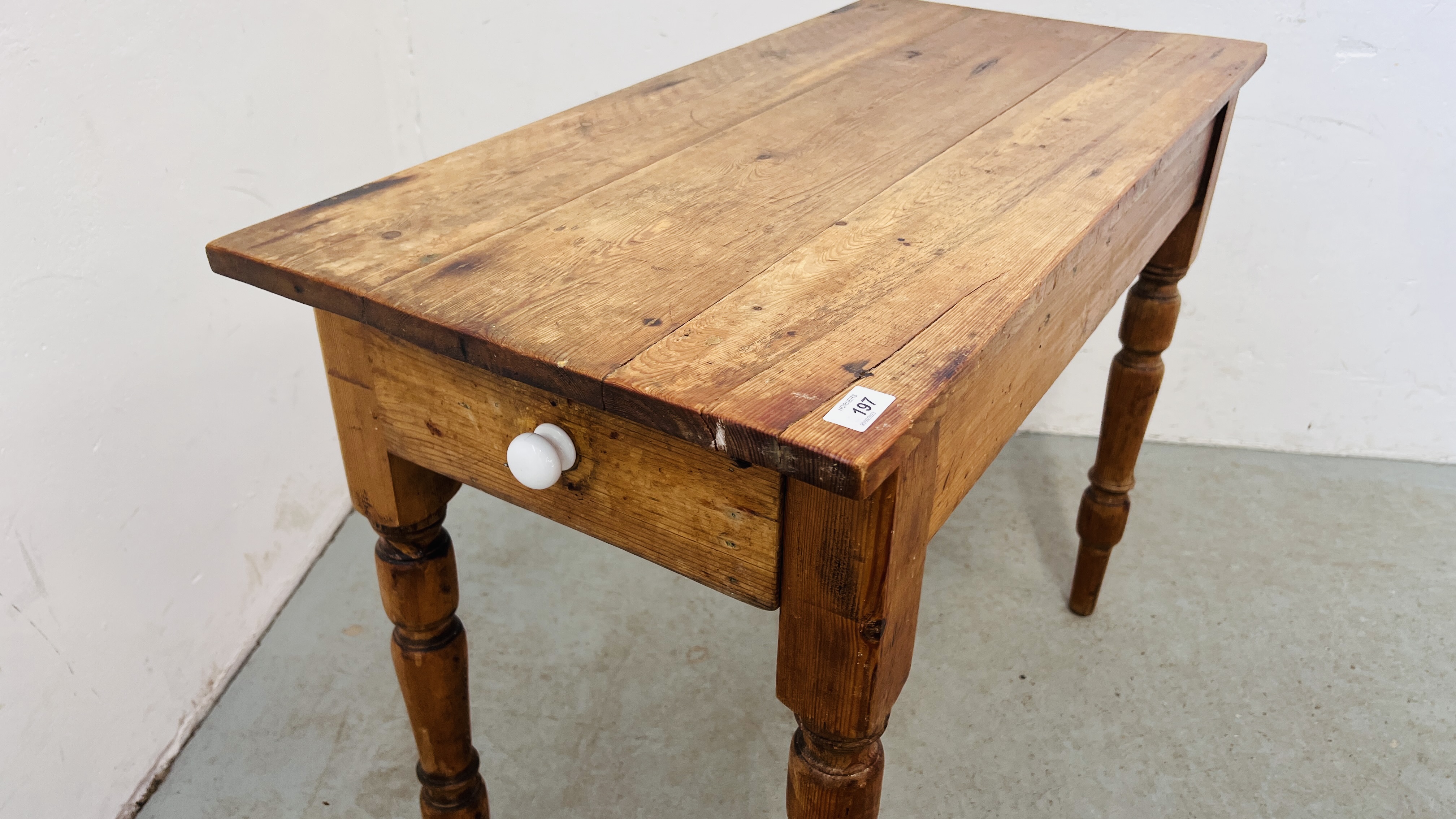 ANTIQUE WAXED PINE KITCHEN TABLE WITH DRAWER TO END, W 92CM, D 45CM. - Image 3 of 8