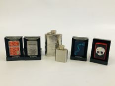 4 ZIPPO LIGHTERS AND 2 HIP FLASKS