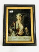 A VINTAGE FRAMED REVERSE PAINTING ON GLASS OF "A VENETIAN LADY AT MASQUERADE" 35.5CM X 25.5CM.