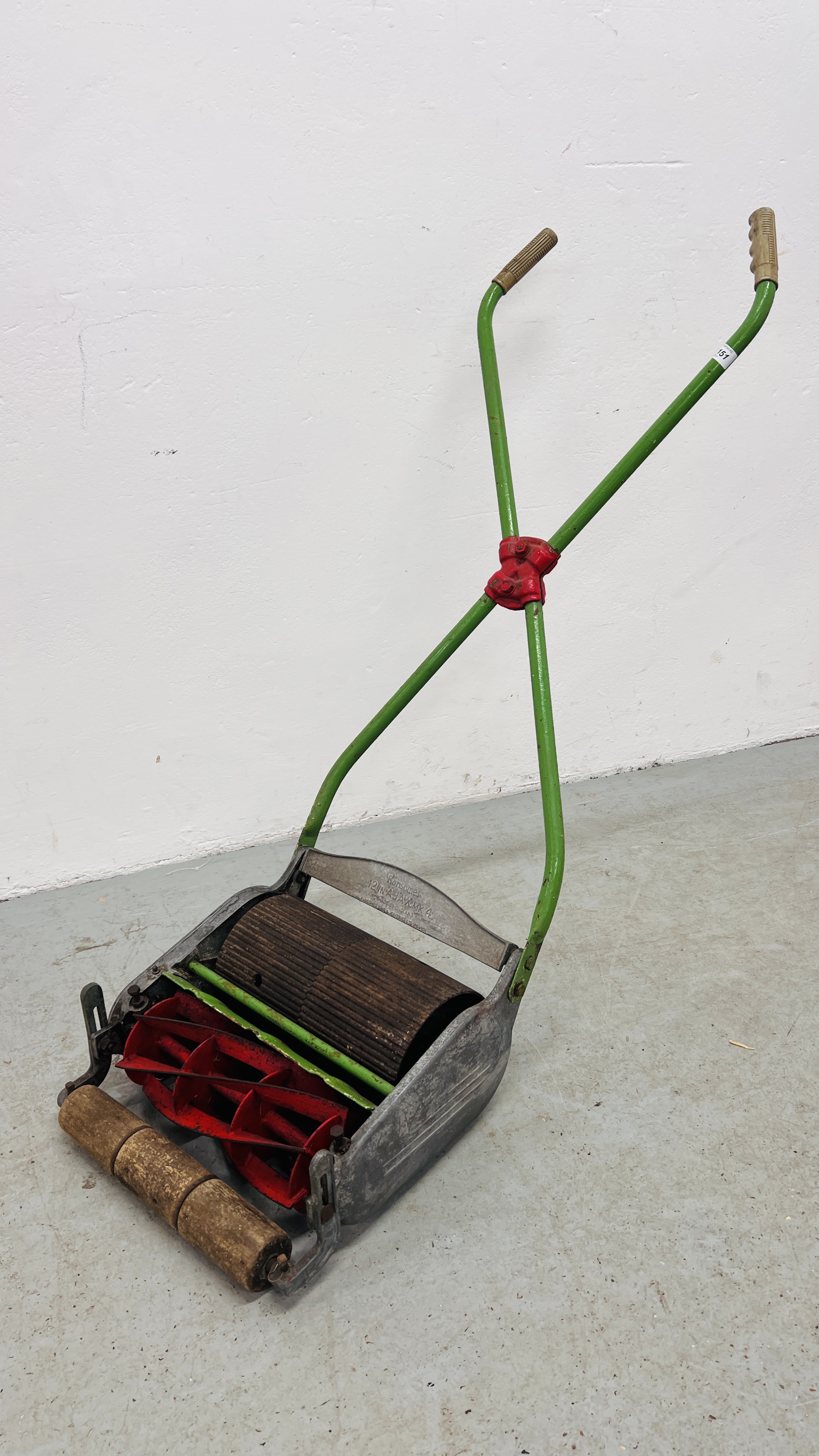 A VINTAGE RANSOMS 12 IN A JAX MK 4 PUSH MOWER WITH CROSS SHUFFLED HANDLES