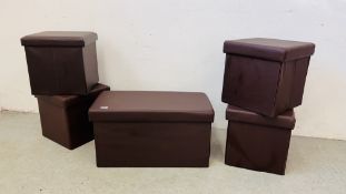 FOUR FAUX LEATHER CUBE SEAT STORAGE BOXES 38 X 38 X 38CM AND RECTANGULAR FAUX LEATHER STORAGE SEAT
