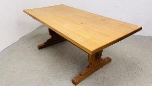 A MODERN OAK REFECTORY TABLE LENGTH 182CM. WIDTH 90CM. HEIGHT 73CM.