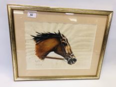 FRAMED WATERCOLOUR "HORSES HEAD" (SOME FOXING) - H 25CM X W 35CM.